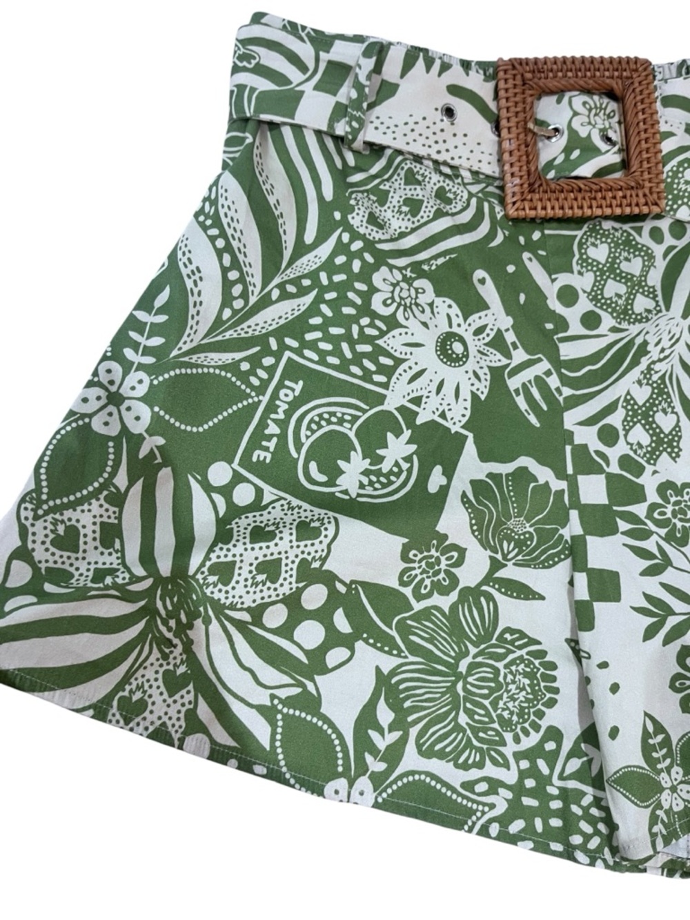 Alden Adair Green/Cream Belted High Waisted Shorts Picnic Pattern Sz S - Picture 5 of 13